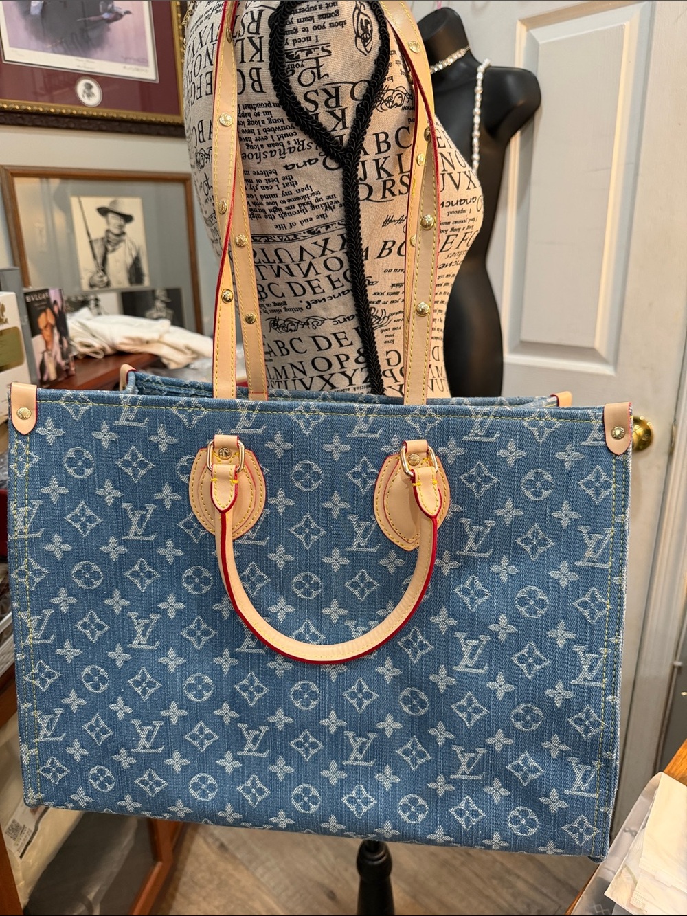 Blue Monogram lv Denim Tote with Natural Leather Trim